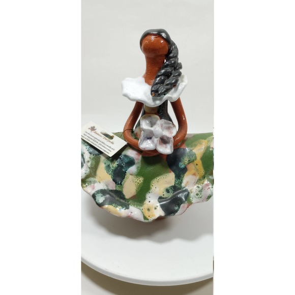 Vtg Caribbean Dolls Girl Terracotta Figure Flowing Dress Big Flower Hand Painted - Picture 3 of 10